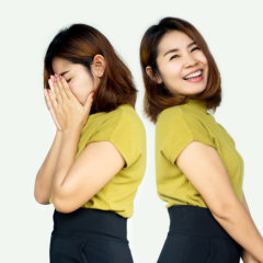 A woman showing two personalities